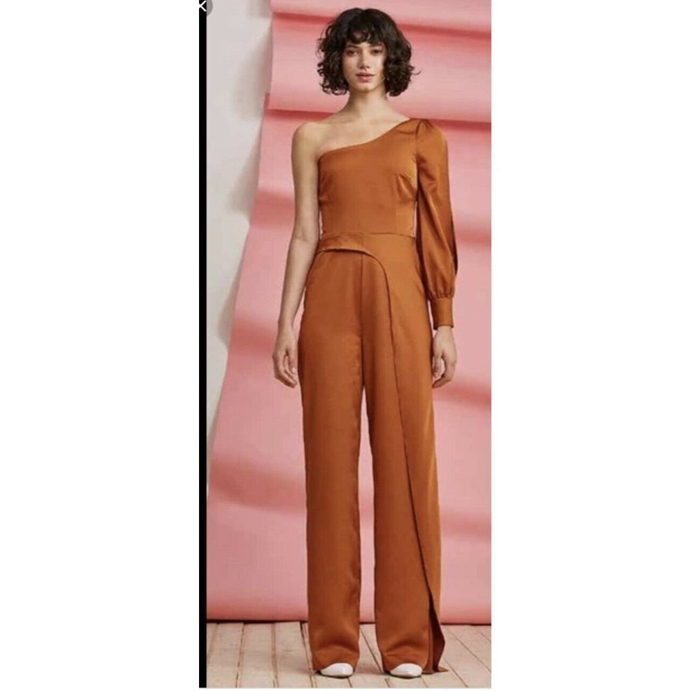 Foxiedox Womens Winter Jumpsuit Rust One Shoulder Long Bishop Sleeve Wrap SZ M